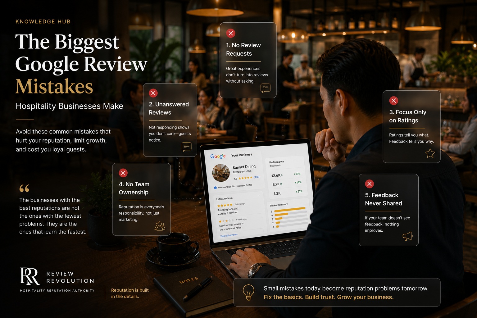 Knowledge hub graphic listing the biggest Google review mistakes hospitality businesses make