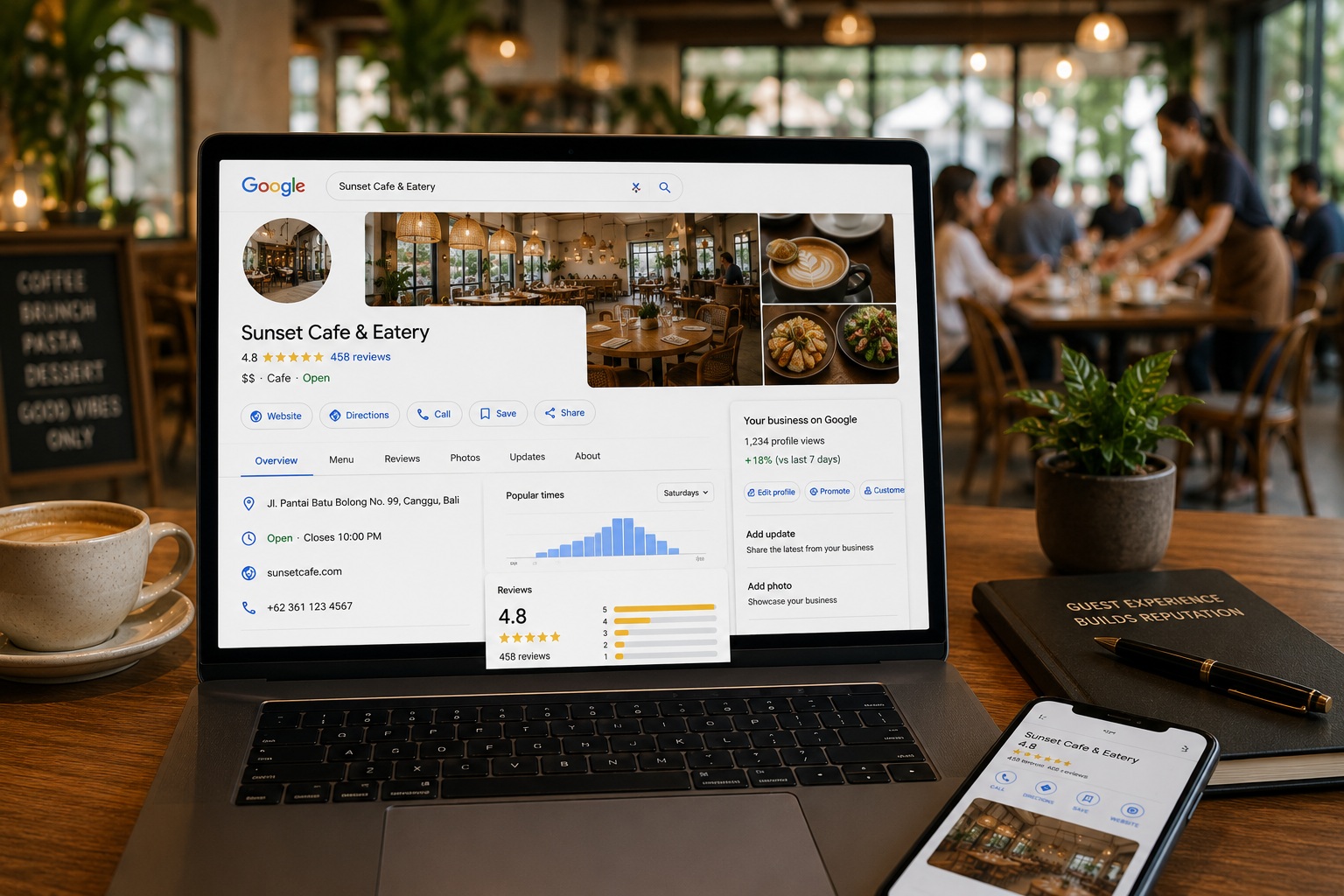 Optimised Google Business Profile for a café shown on a laptop and phone