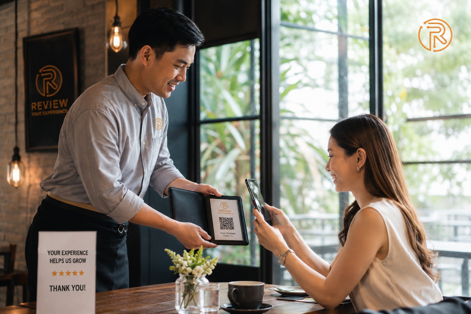Hospitality staff member inviting a guest to leave a Google review using a QR code