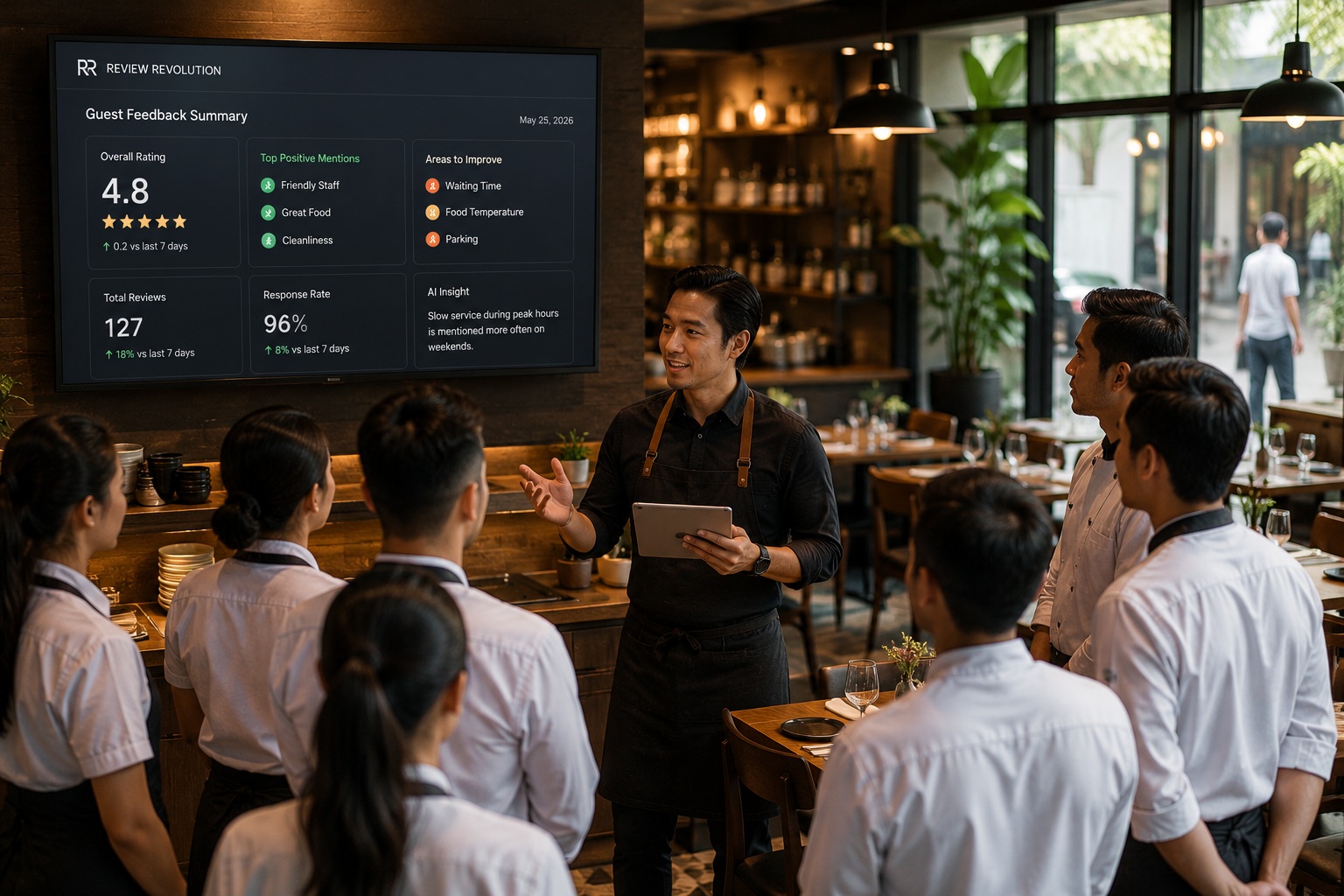 Restaurant manager reviewing a guest feedback summary dashboard with staff